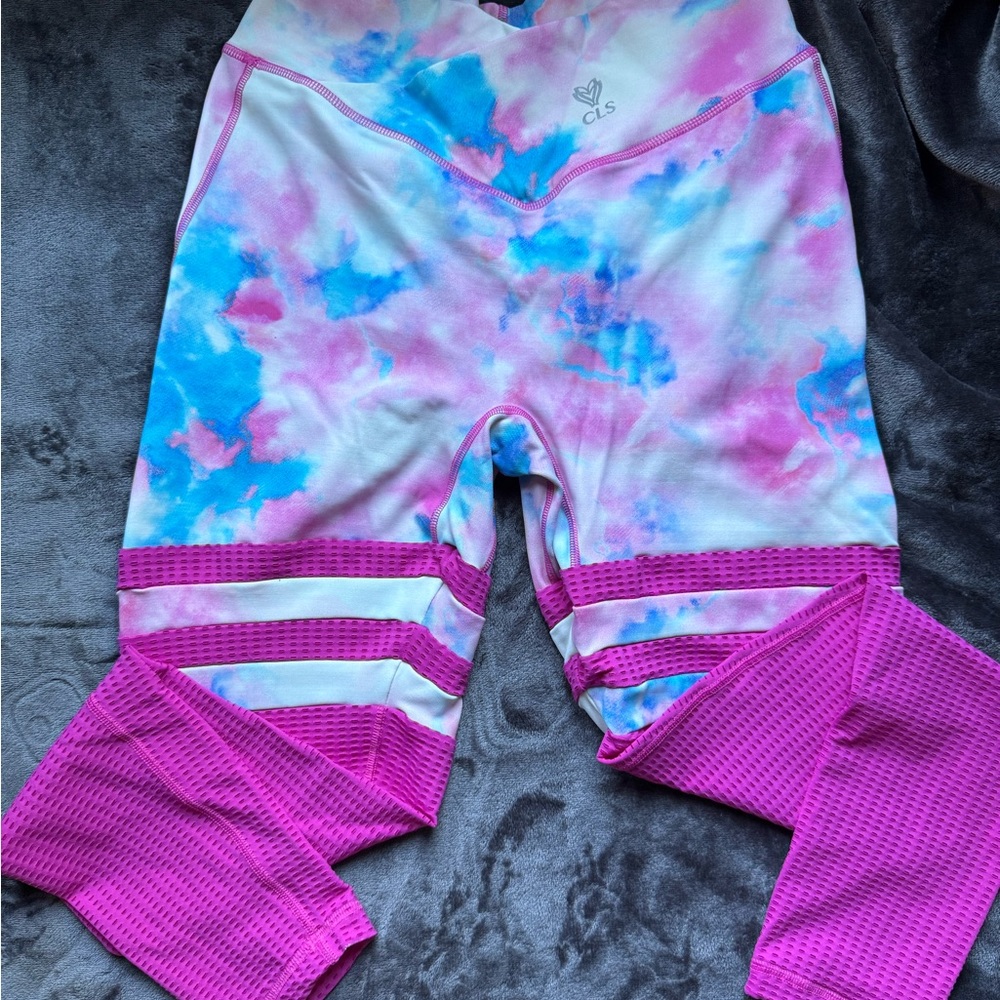 CLS Sportswear Cotton candy Pink Blue Tie Dye Mesh V Waist Leggings
